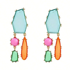 Geometric Blue Multicolour Cubic Zirconia 18K Gold Copper Anti Tarnish Dangler Earring Pair For Women