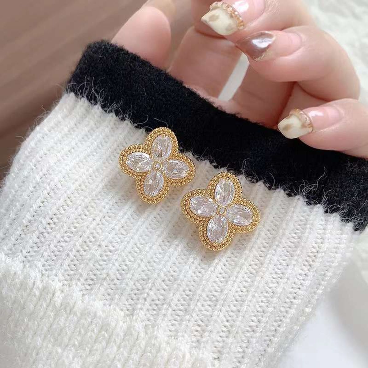 Clover Cubic Zirconia 18K Gold Copper Anti Tarnish Stud Earring Pair For Women