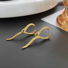 Snake Green Cubic Zirconia Silver Copper Anti Tarnish Hoop Drop Earring Pair For Women
