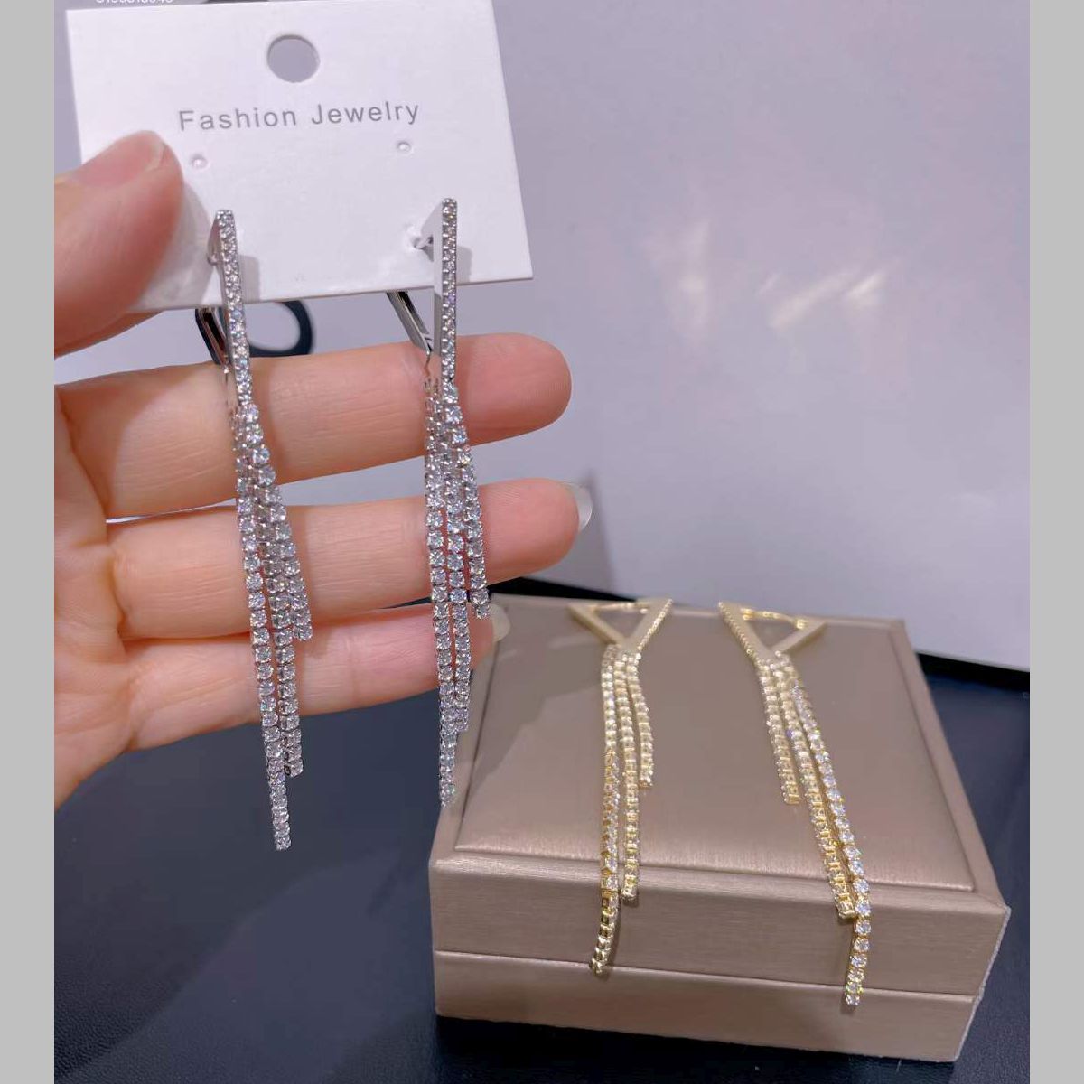 Triangle 18K Gold Cubic Zirconia Anti Tarnish Tassel Hoop Earring For Women