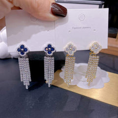 Clover Flower 18K Gold Cubic Zirconia Anti Tarnish Dangler Tassel Earring For Women