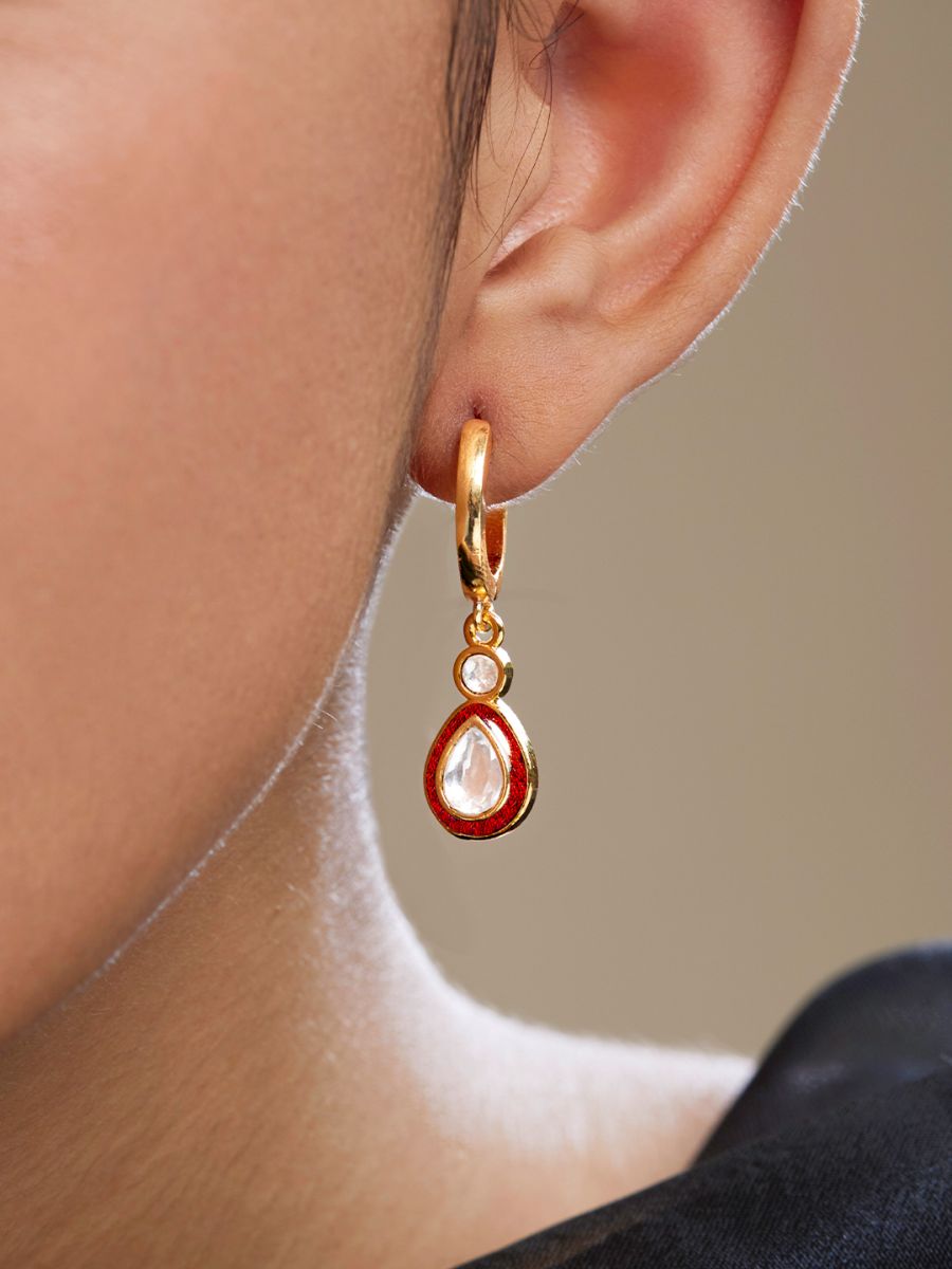 Copper Pear Cut Cubic Zirconia Enamel Maroon Red Gold Drop Hoop Earring Women