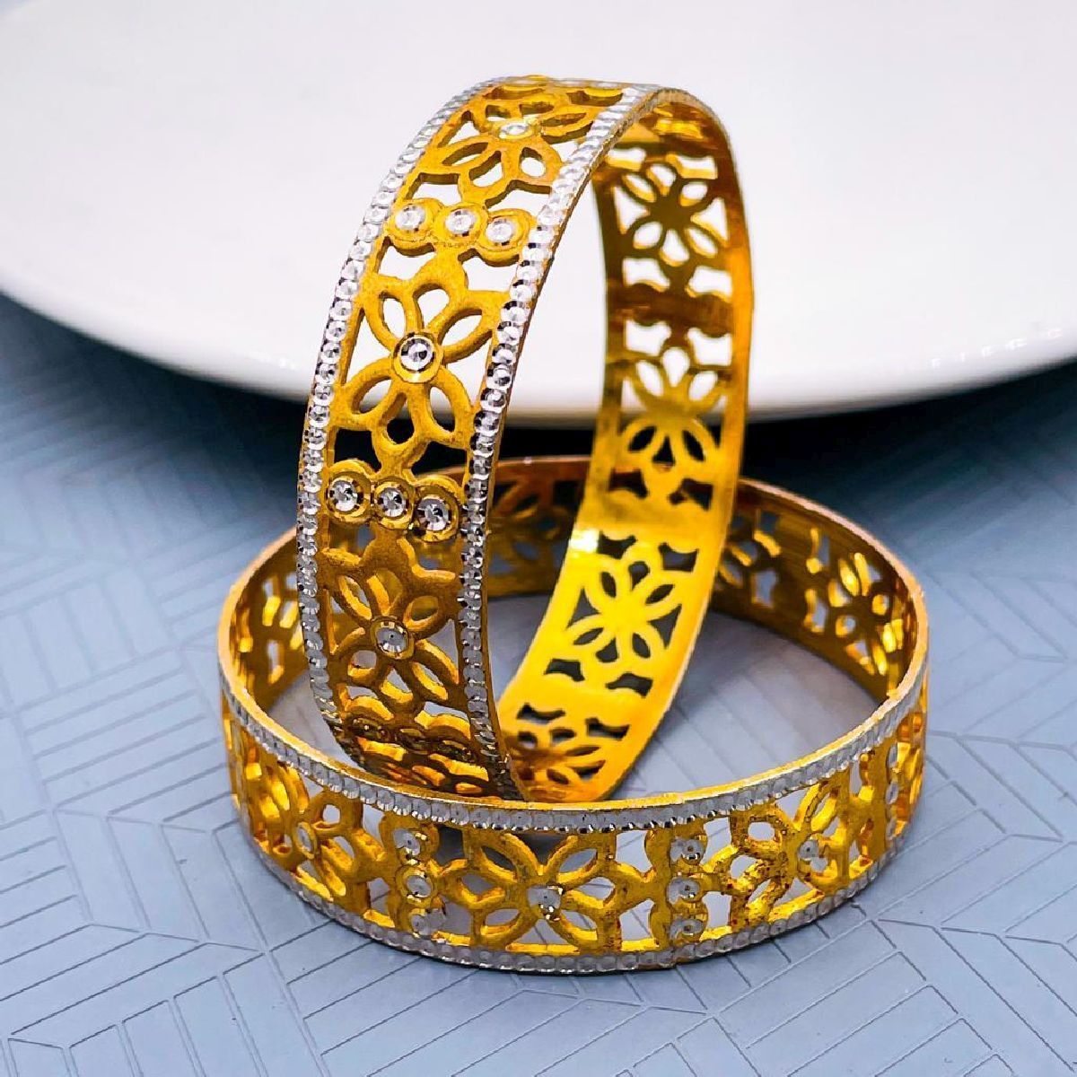 Filigree Flower Gold Plated Matte Rhodium Bangle Pair For Women