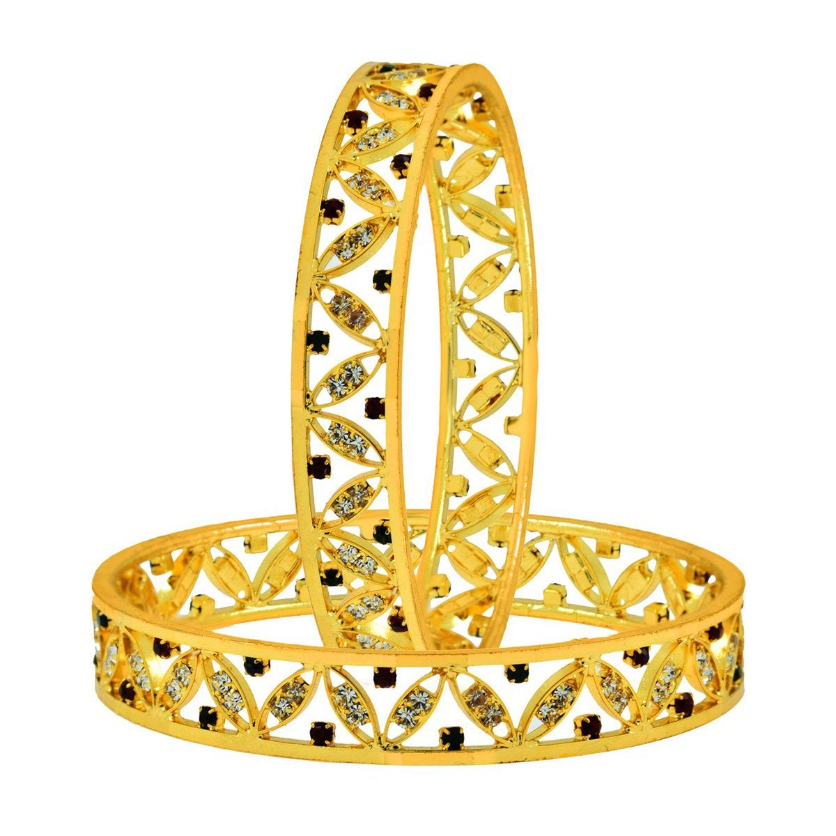 Floral Leaf Maroon American Diamond Cz 22K Gold Bangle Pair Women