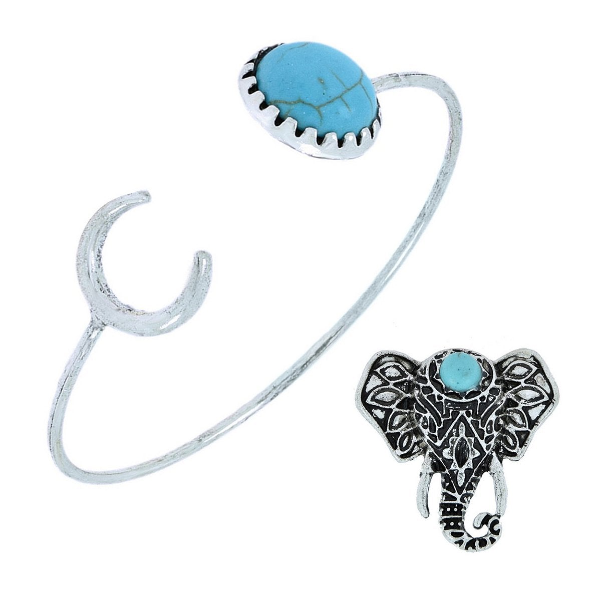 Elephant Oxidized Silver Plated Adjustable Ring Cuff Kada Combo Women