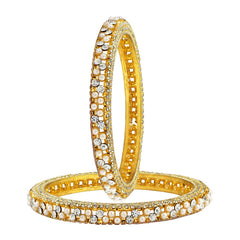 Wedding Pearl American Diamond Gold Bangle Pair Set Of 2 Girls Women