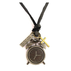 Vintage Bronze Clock Charm Men Pendant Leather Chain Adjustable