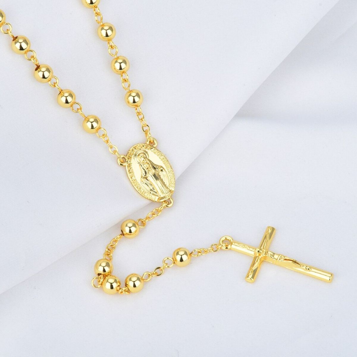 Jesus Cross Mary Christian Catholic Prayer Rosary Stainless Steel Gold Necklace Chain