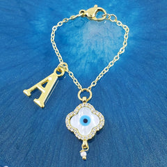Flower Evil Eye Alphabets Initial Letter Gold Watch Charm For Women