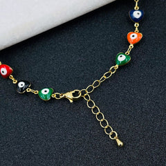 Copper Gold Multicolour Enamel Heart Evil Eye Necklace Chain