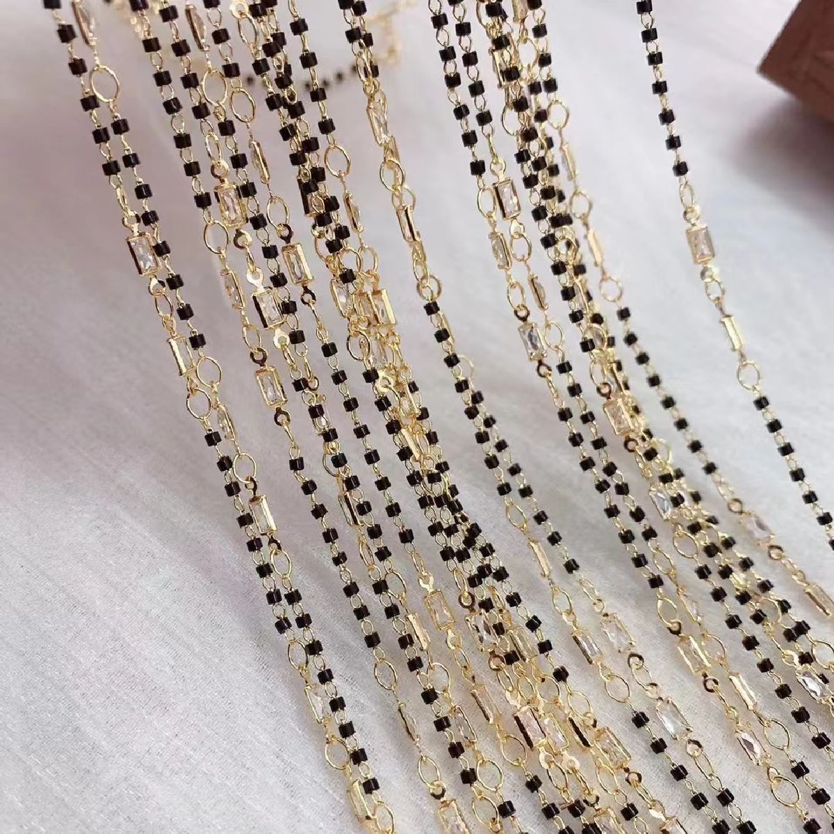 Black Beads 18K Gold Copper Studded Chain 1 Metre For Women