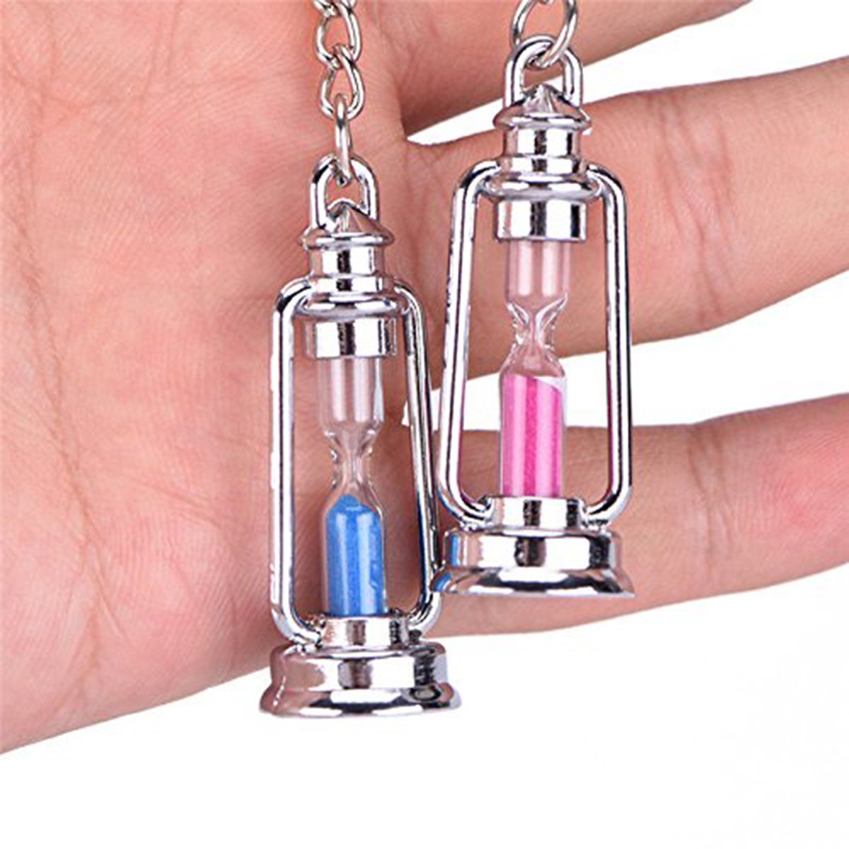 Hour Glass Sand Clock Timer Lamp Lantern Blue Pink Key Chain Pack 2
