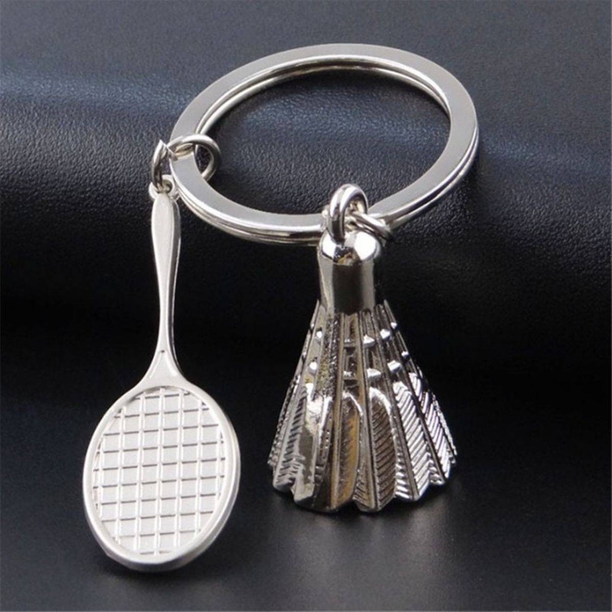 Badminton Racket Racquet Shuttle Cock Sports Silver Key Chain Ring