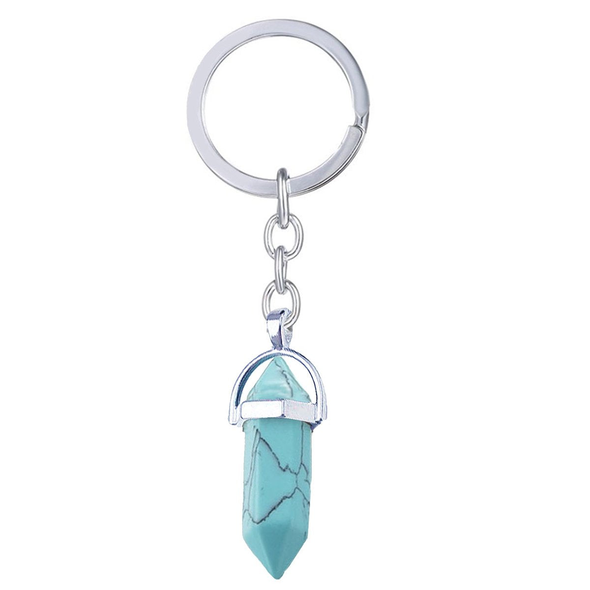 Hexagon Bullet Pencil Natural Blue Green Turquoise Crystal Stainless Steel Key Chain