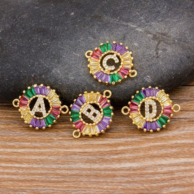 Rainbow Initial Letter Gold American Diamond Crystal Charm For Women