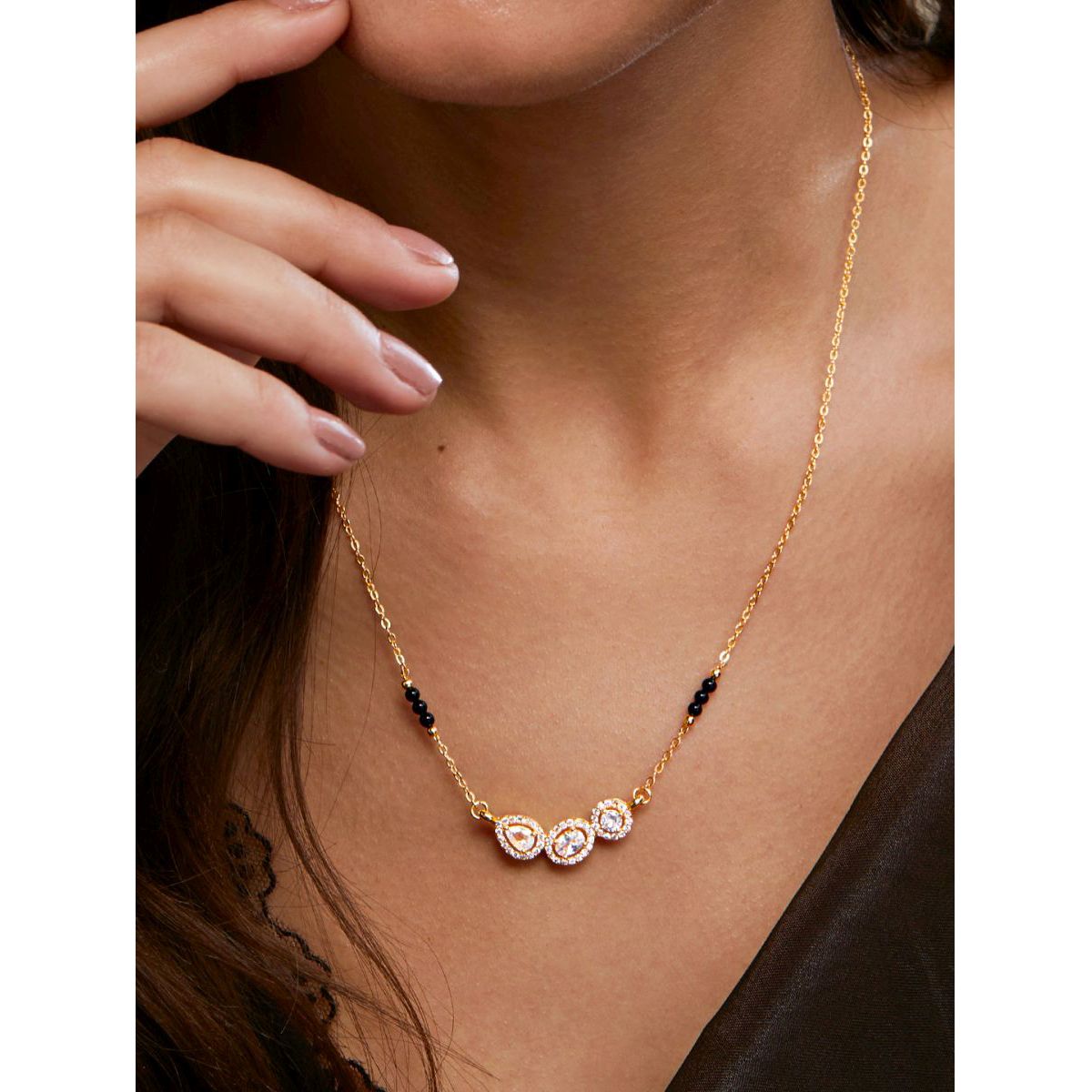 Copper Solitaires Cubic Zirconia Gold Black Neck Mangalsutra Chain