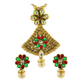 Red Green Kundan Pearl Antique 22K Gold Plated Pendant Earring Set