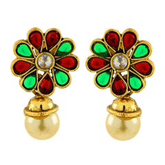 Red Green Kundan Pearl Antique 22K Gold Plated Pendant Earring Set