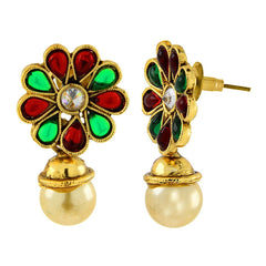 Red Green Kundan Pearl Antique 22K Gold Plated Pendant Earring Set