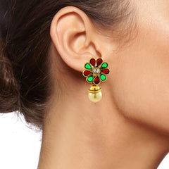 Red Green Kundan Pearl Antique 22K Gold Plated Pendant Earring Set
