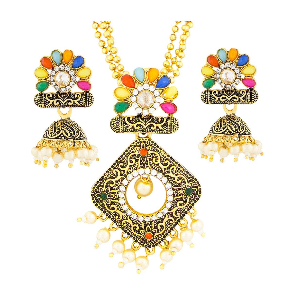 Diamond Filigree Multi-Colour Brass Pendant Chain Pendant Earring Set