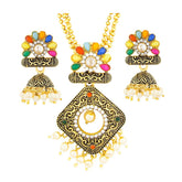 Diamond Filigree Multi-Colour Brass Pendant Chain Pendant Earring Set