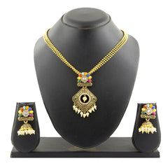Diamond Filigree Multi-Colour Brass Pendant Chain Pendant Earring Set