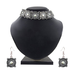 Oxidised Afghani Bohemian German Silver Beads Choker Necklace Earring