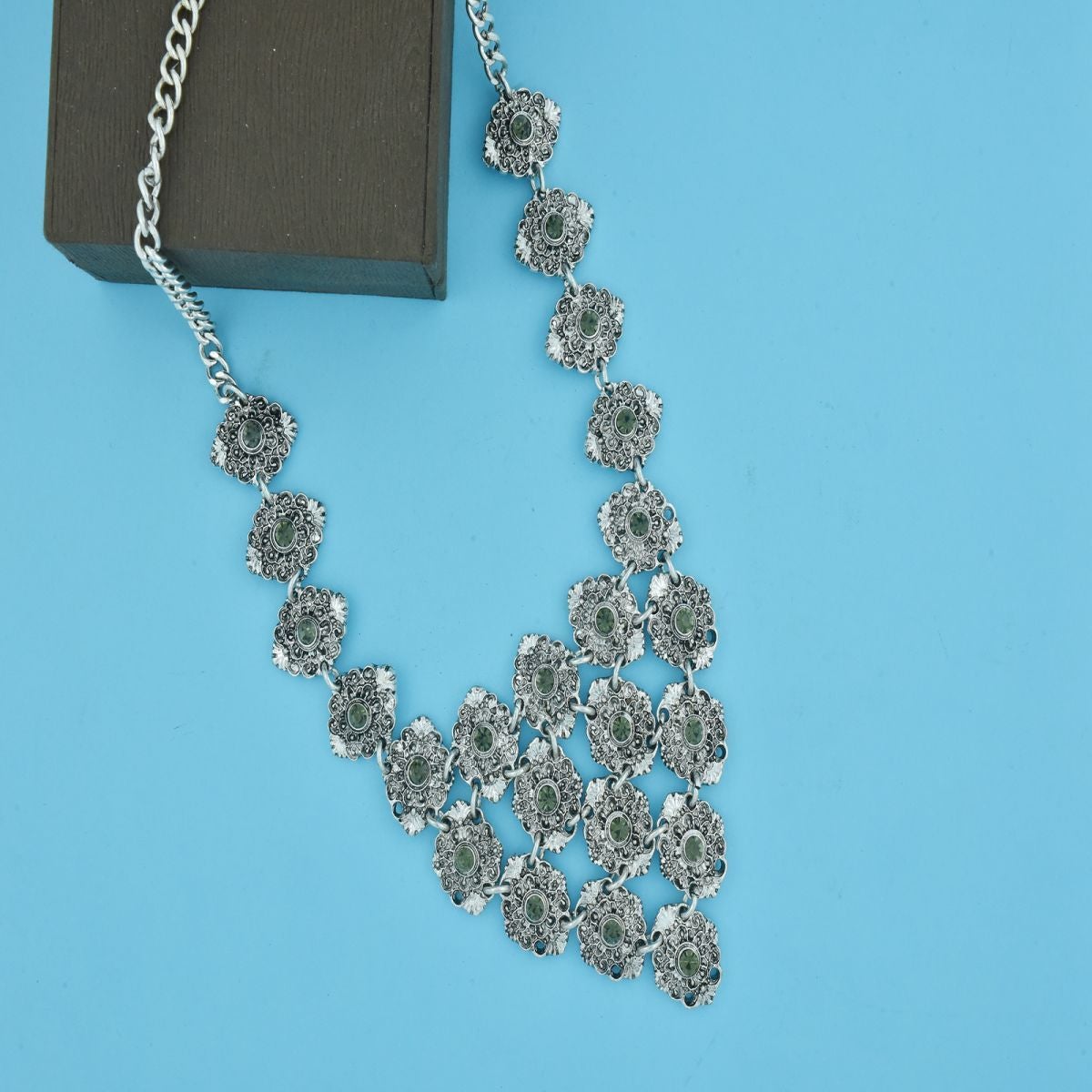 Tribal Bohemian Green Crystal Antique Oxidised German Silver Necklace