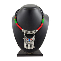 Tibetan Tribal Oxidised German Silver Enamel Filigree Thread Necklace