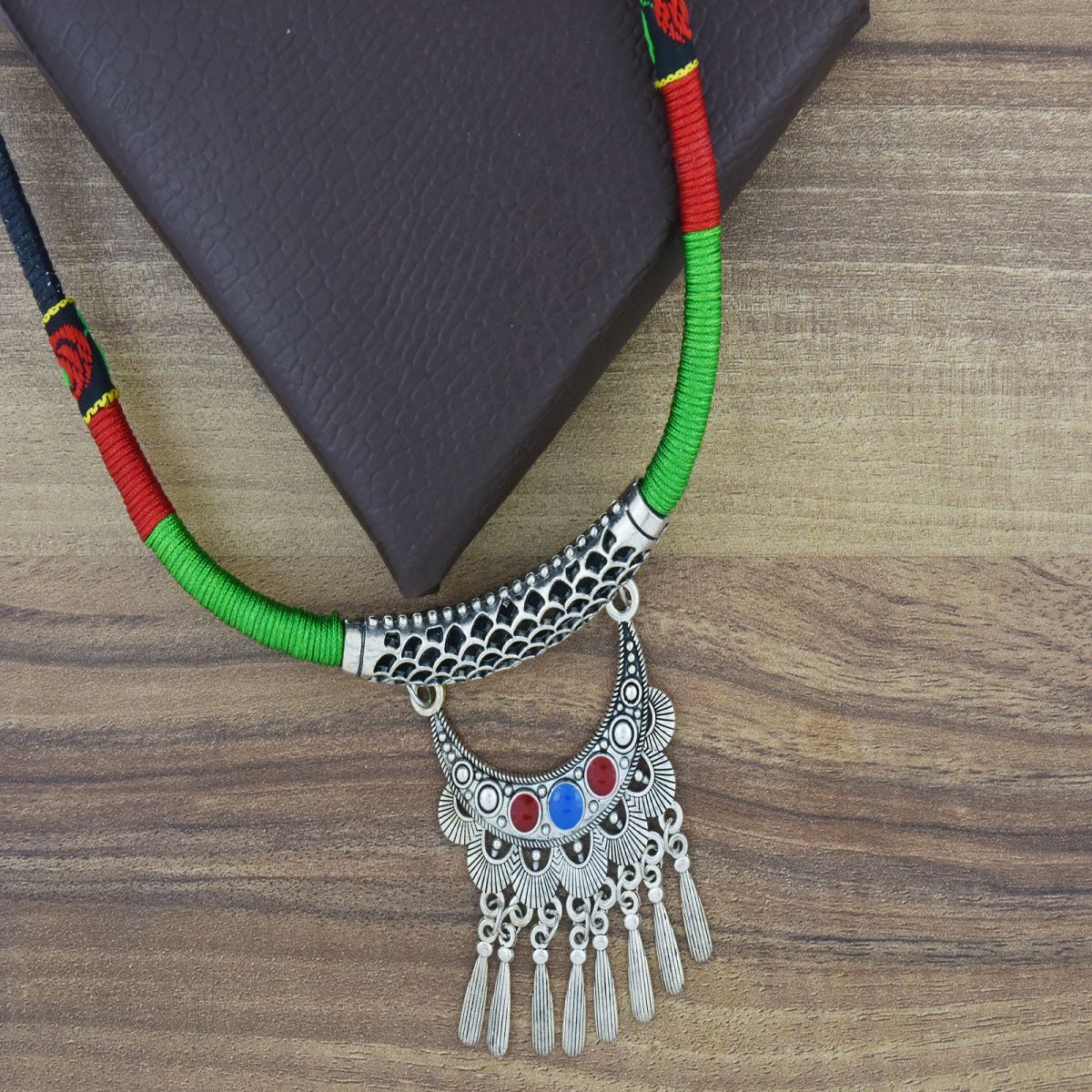 Tibetan Tribal Oxidised German Silver Enamel Filigree Thread Necklace
