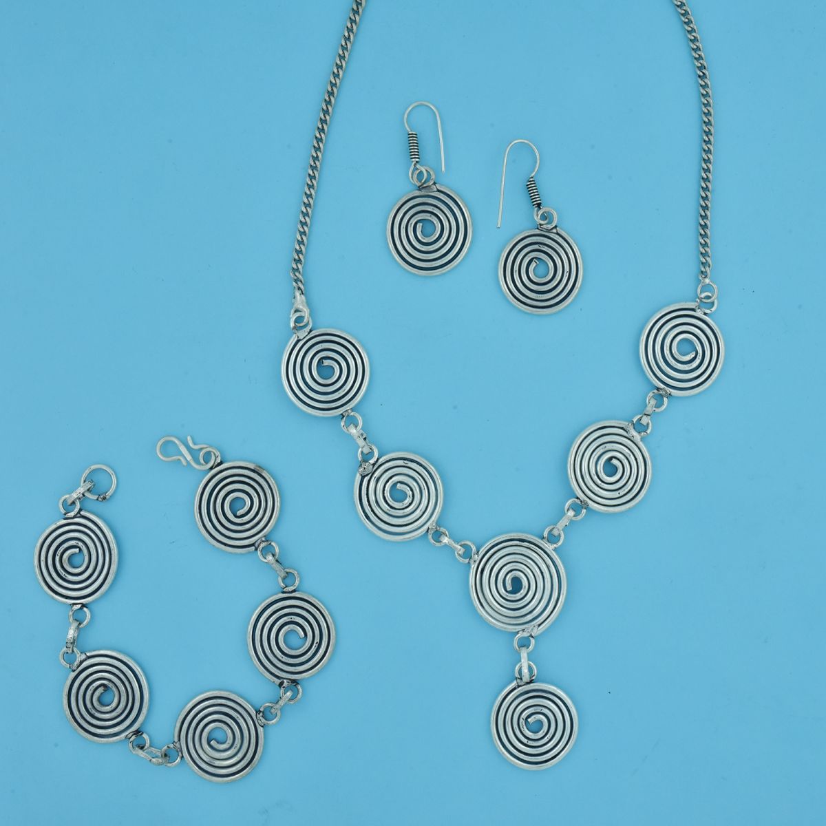 Oxidised Tribal Bohemian German Silver Necklace Earring Bracelet Set