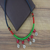 Tribal Tibetan Oxidised German Silver Red Bead Green Thread Necklace