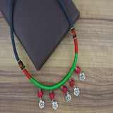 Tribal Tibetan Oxidised German Silver Red Bead Green Thread Necklace