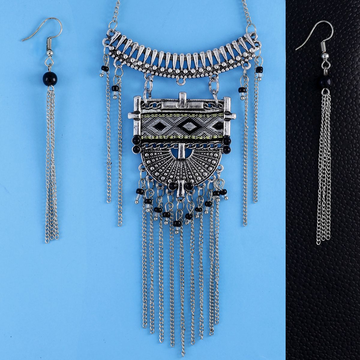 Oxidised Afghani Bohemia Beads German Silver Long Necklace Earring Set