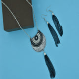 Tassel Curb Black American Diamond Beads Oxidised Necklace Earring Set