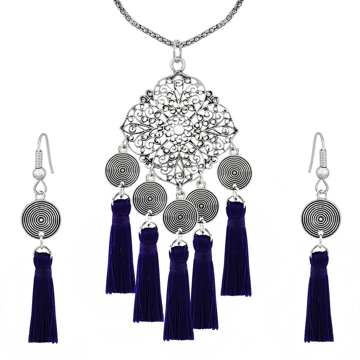 Tassel Dangle Flower Oxidised Tribal German Silver Pendant Earring