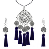 Tassel Dangle Flower Oxidised Tribal German Silver Pendant Earring