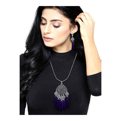 Tassel Dangle Flower Oxidised Tribal German Silver Pendant Earring