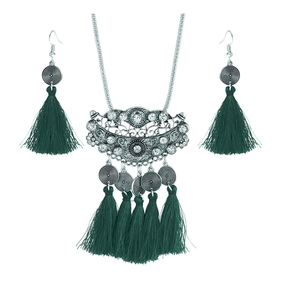 Tassel Dangle Filigree Oxidised Tribal German Silver Necklace Earring