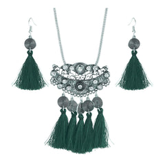 Tassel Dangle Filigree Oxidised Tribal German Silver Necklace Earring
