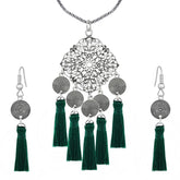 Tassel Dangle Flower Oxidised Tribal German Silver Pendant Earring