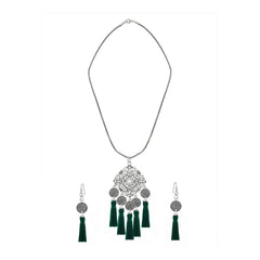 Tassel Dangle Flower Oxidised Tribal German Silver Pendant Earring