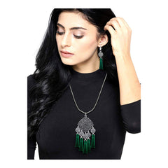 Tassel Dangle Flower Oxidised Tribal German Silver Pendant Earring