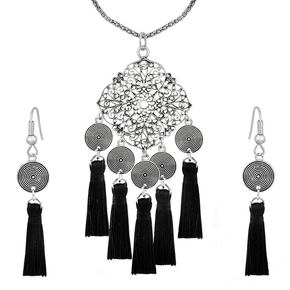 Tassel Dangle Flower Oxidised Tribal German Silver Pendant Earring