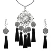 Tassel Dangle Flower Oxidised Tribal German Silver Pendant Earring