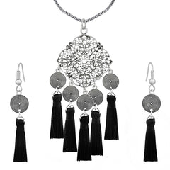 Tassel Dangle Flower Oxidised Tribal German Silver Pendant Earring