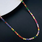 Rainbow Multi Color CZ Solitaire Tennis 18K Gold Necklace Chain