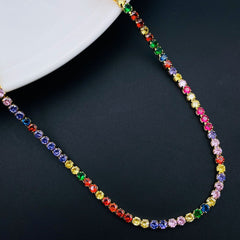 Rainbow Multi Color CZ Solitaire Tennis 18K Gold Necklace Chain