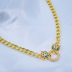Copper Gold Cubic Zirconia Panther Curb Chain Necklace Women